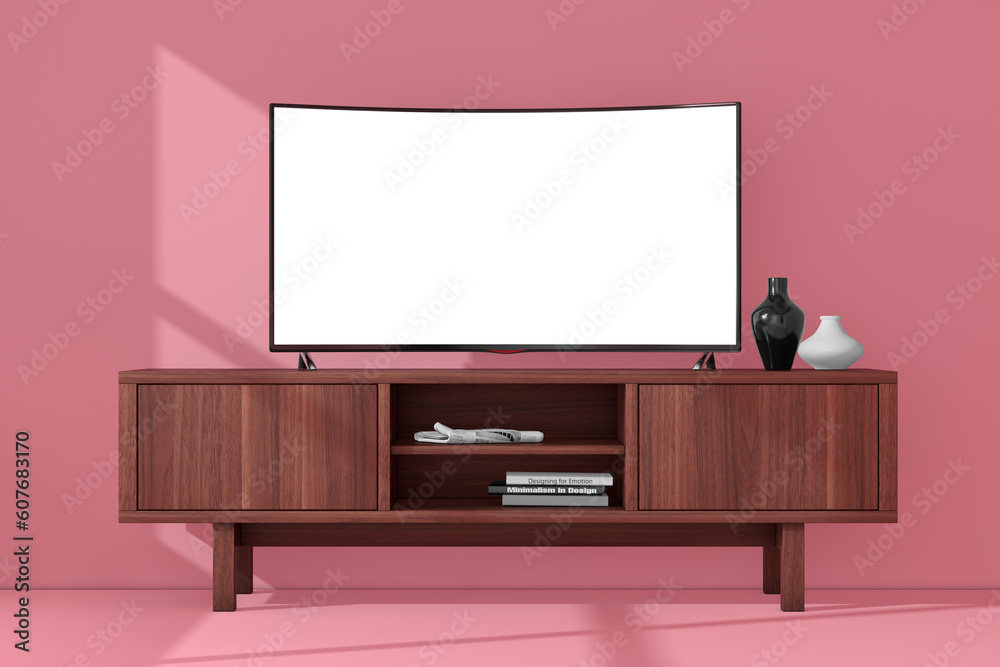 Aufkleber modern curved led or lcd smart tv screen mockup above wooden console rack. 3d rendering