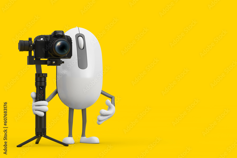 Leinwandbilder computer mouse cartoon person character mascot with dslr or video camera gimbal stabilization tripod