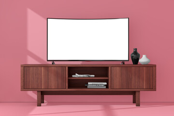 Modern Curved Led or LCD Smart TV Screen Mockup above Wooden Console Rack. 3d Rendering