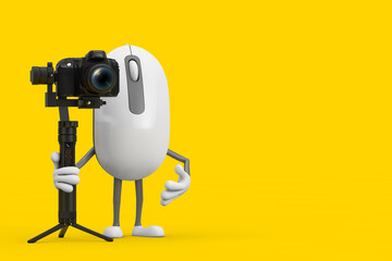 Computer Mouse Cartoon Person Character Mascot with DSLR or Video Camera Gimbal Stabilization Tripod System. 3d Rendering