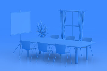 Blue Monochrome Duotone Office Meetroom Modern Interior with Window, Table, Chairs and Projection Screen. 3d Rendering