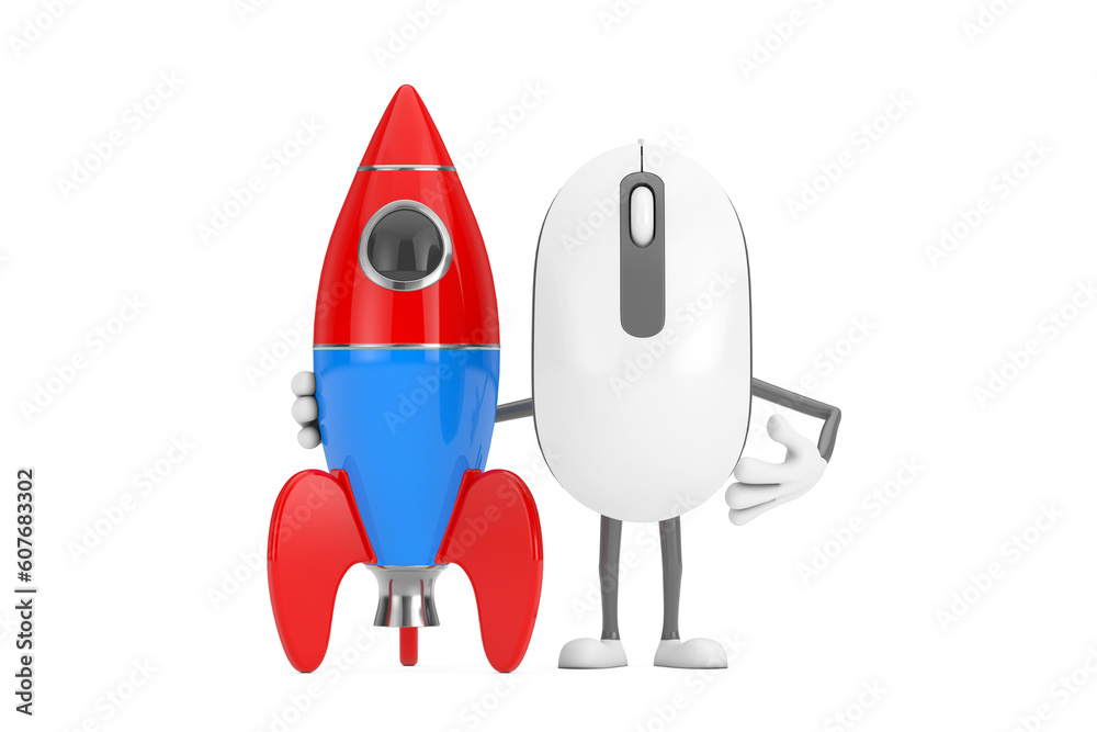 Poster computer mouse cartoon person character mascot with cartoon toy rocket. 3d rendering