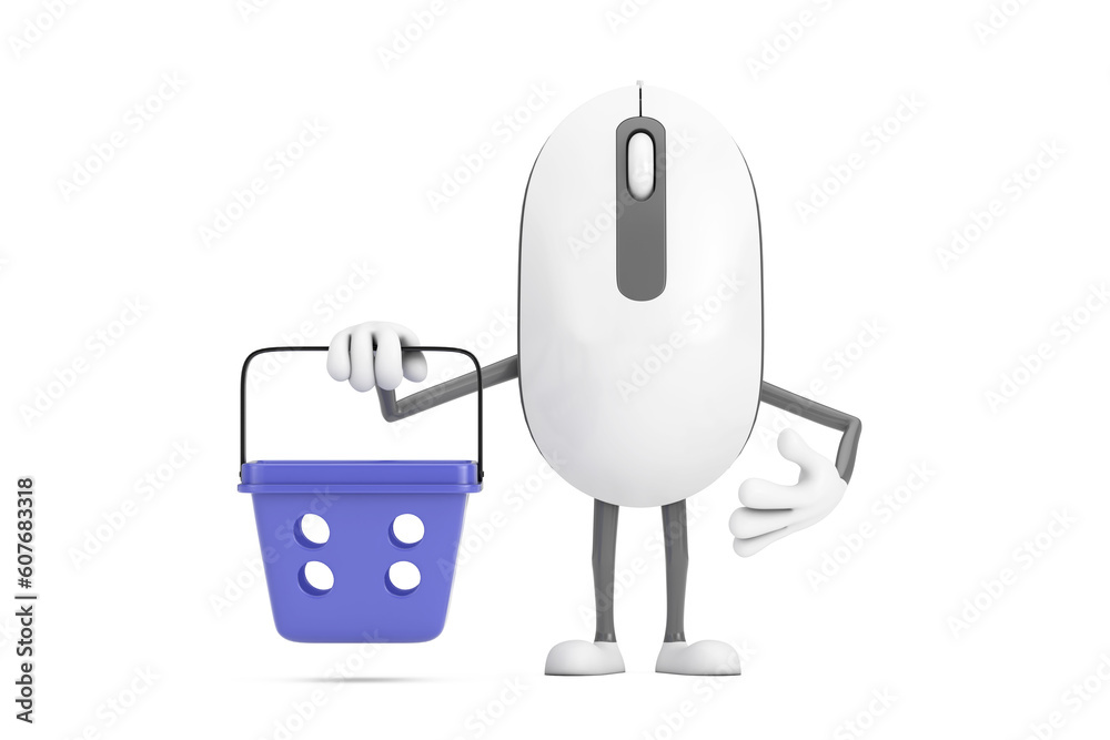 Aufkleber computer mouse cartoon person character mascot with cartoon shopping basket. 3d rendering