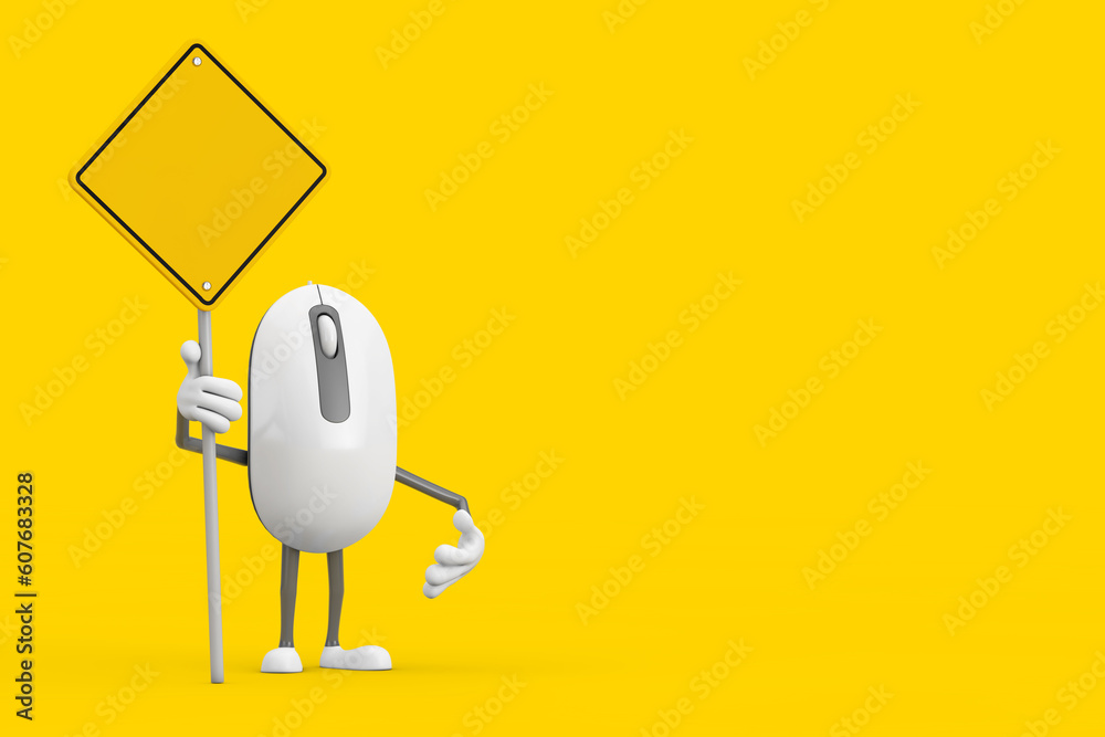 Poster computer mouse cartoon person character mascot and yellow road sign with free space for yours design