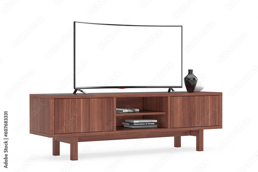 Poster Modern Curved Led or LCD Smart TV Screen Mockup above Wooden Console Rack. 3d Rendering