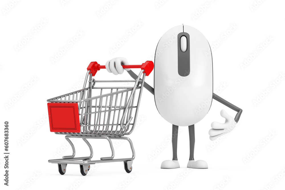 Aufkleber computer mouse cartoon person character mascot with shopping cart trolley. 3d rendering