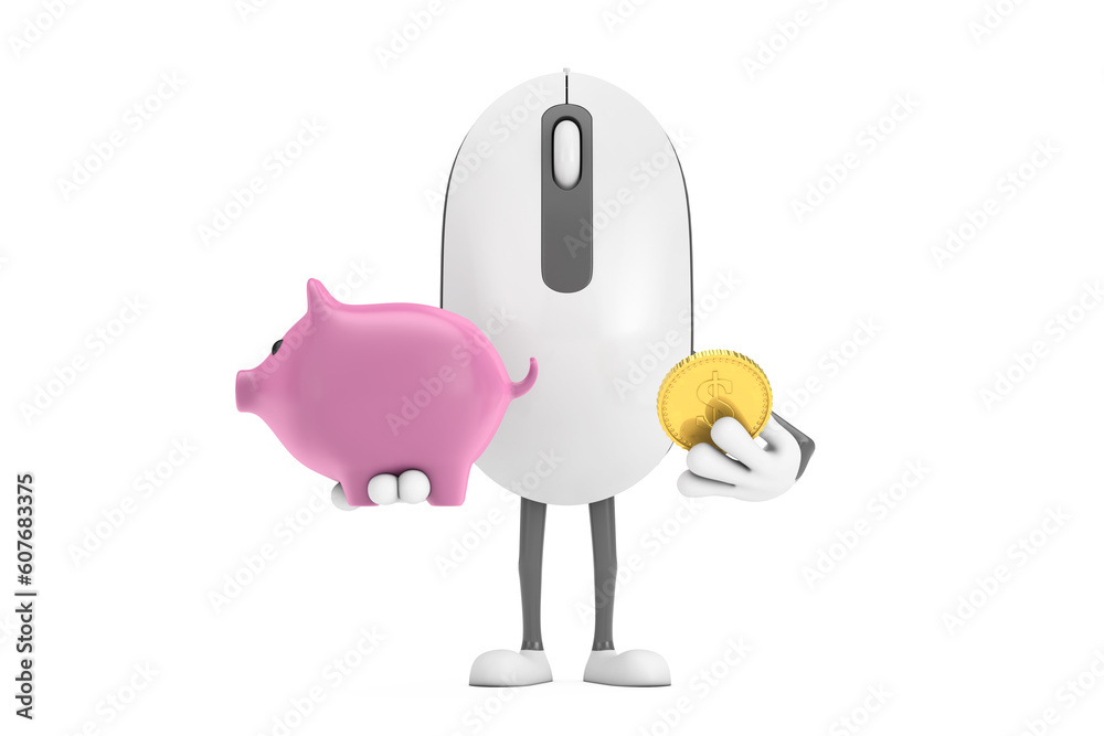 Aufkleber computer mouse cartoon person character mascot with piggy bank and golden dollar coin. 3d rendering