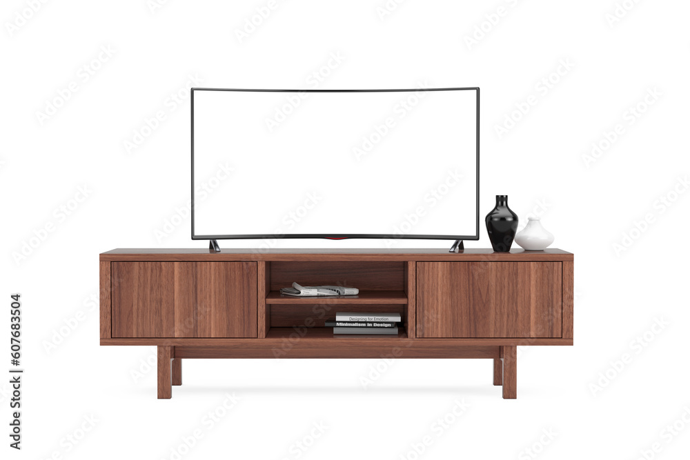 Aufkleber modern curved led or lcd smart tv screen mockup above wooden console rack. 3d rendering