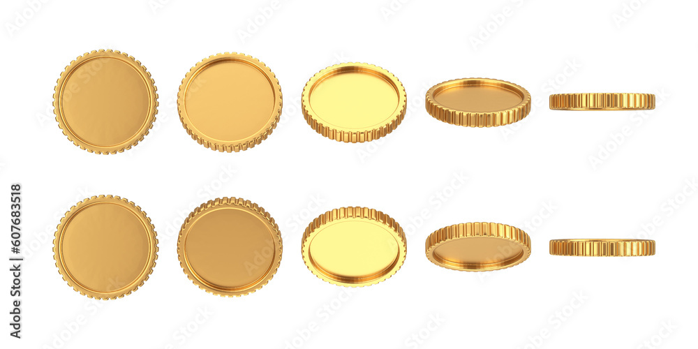 Aufkleber Abstract Cartoon Golden Blank Coin Web Icon Sign in Different Position. 3d Rendering