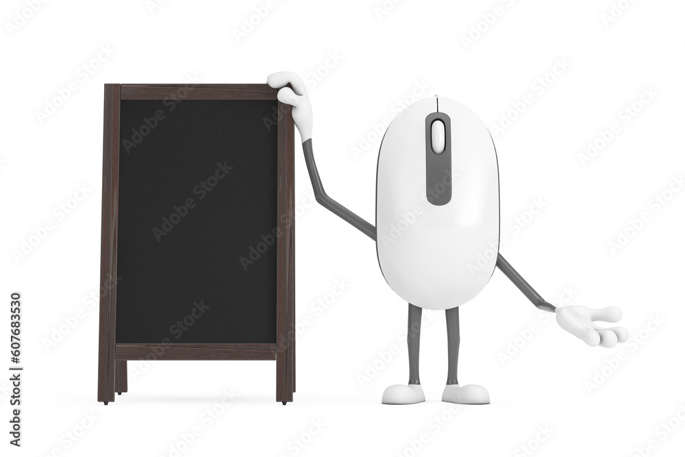 Poster computer mouse cartoon person character mascot with blank wooden menu blackboards outdoor display. 3