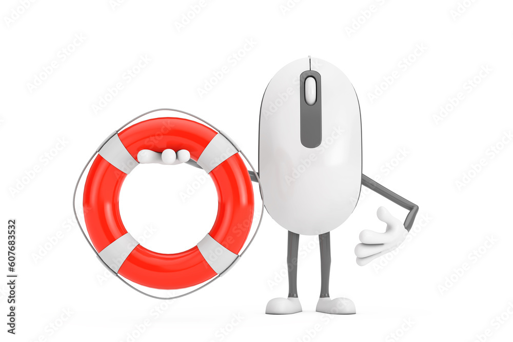 Aufkleber computer mouse cartoon person character mascot with life buoy. 3d rendering