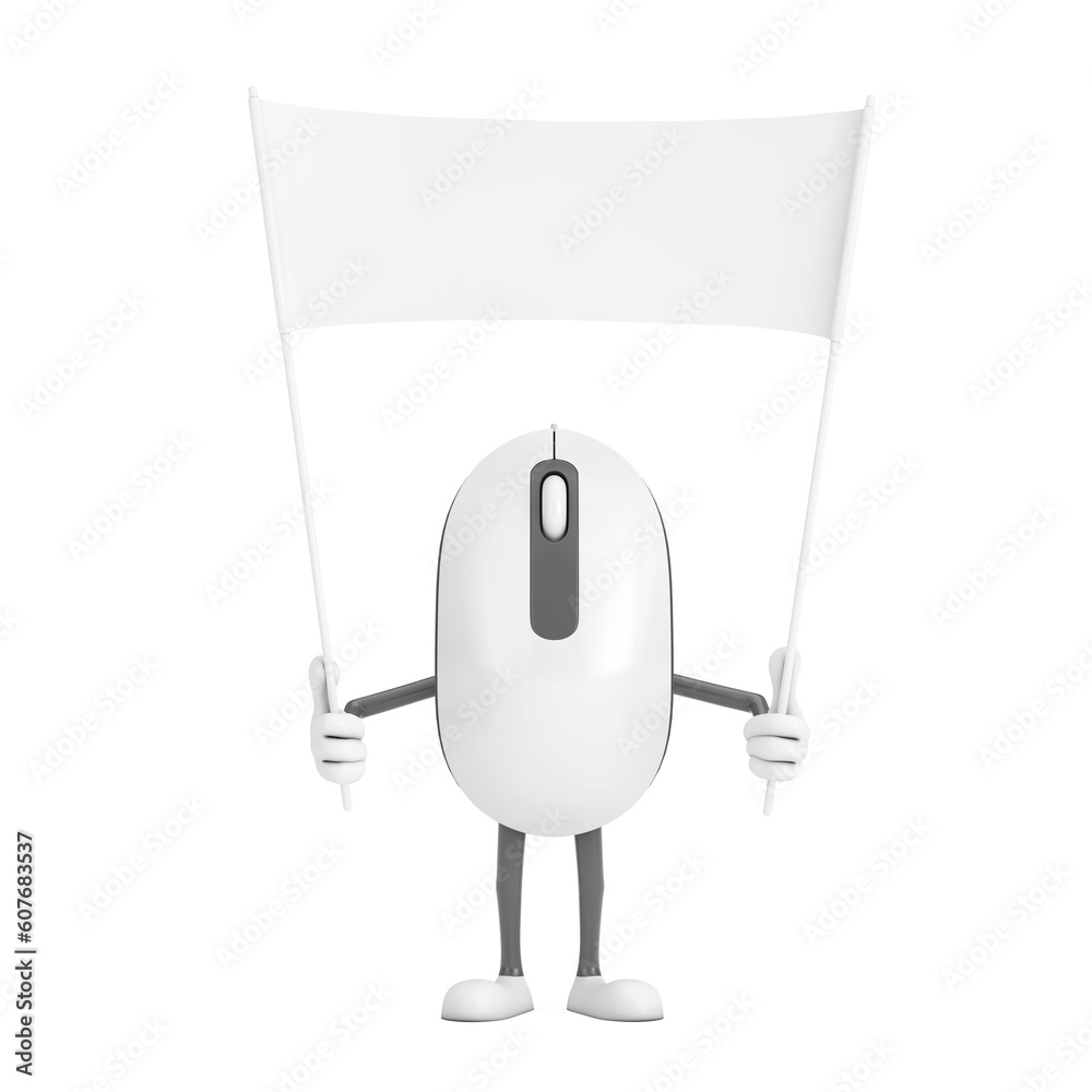 Poster Computer Mouse Cartoon Person Character Mascot and Empty White Blank Banner with Free Space for Your Design. 3d Rendering