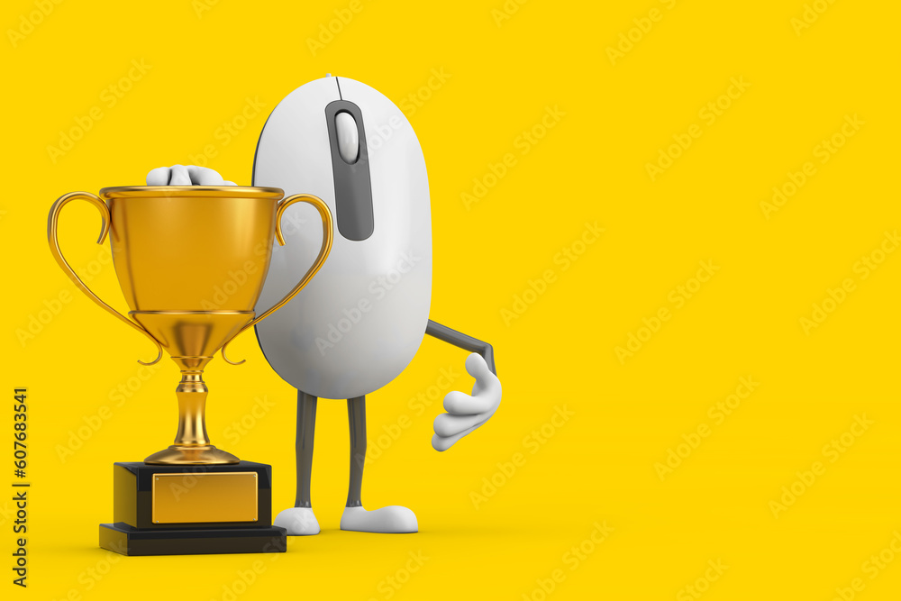 Poster computer mouse cartoon person character mascot with golden award trophy. 3d rendering