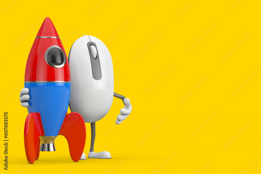 Aufkleber computer mouse cartoon person character mascot with cartoon toy rocket. 3d rendering