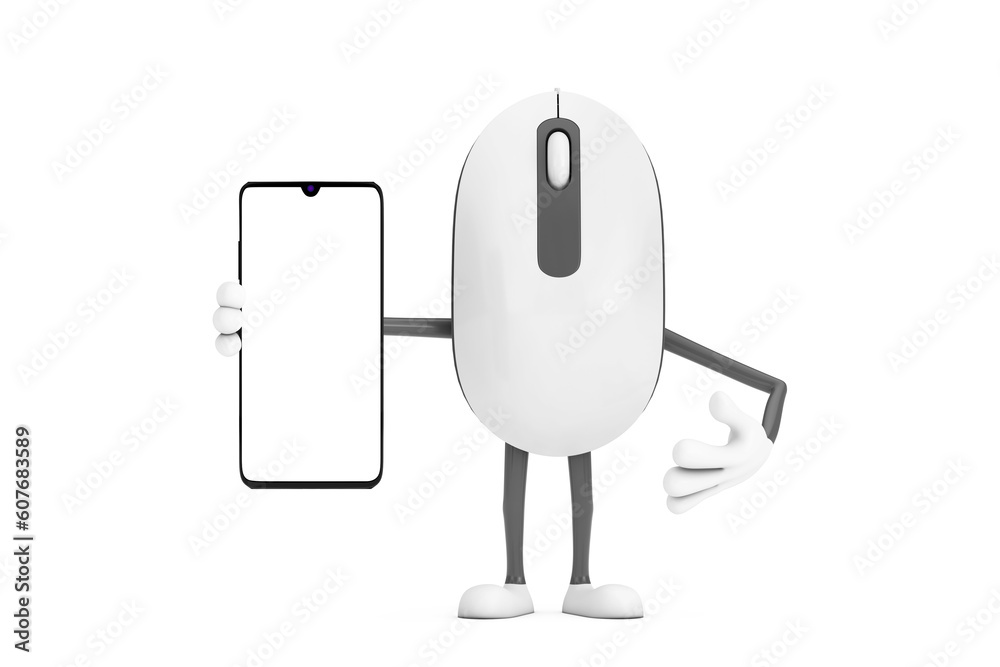 Poster Computer Mouse Cartoon Person Character Mascot and Modern Mobile Phone with Blank Screen for Your Design. 3d Rendering