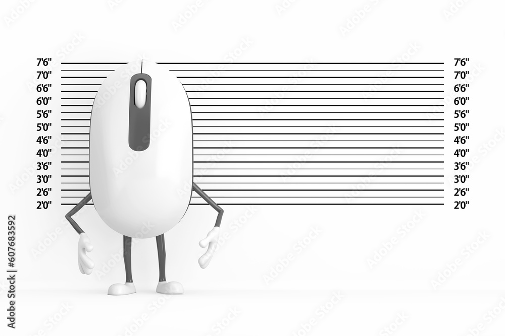 Aufkleber computer mouse cartoon person character mascot in front of police lineup or mugshot background. 3d r