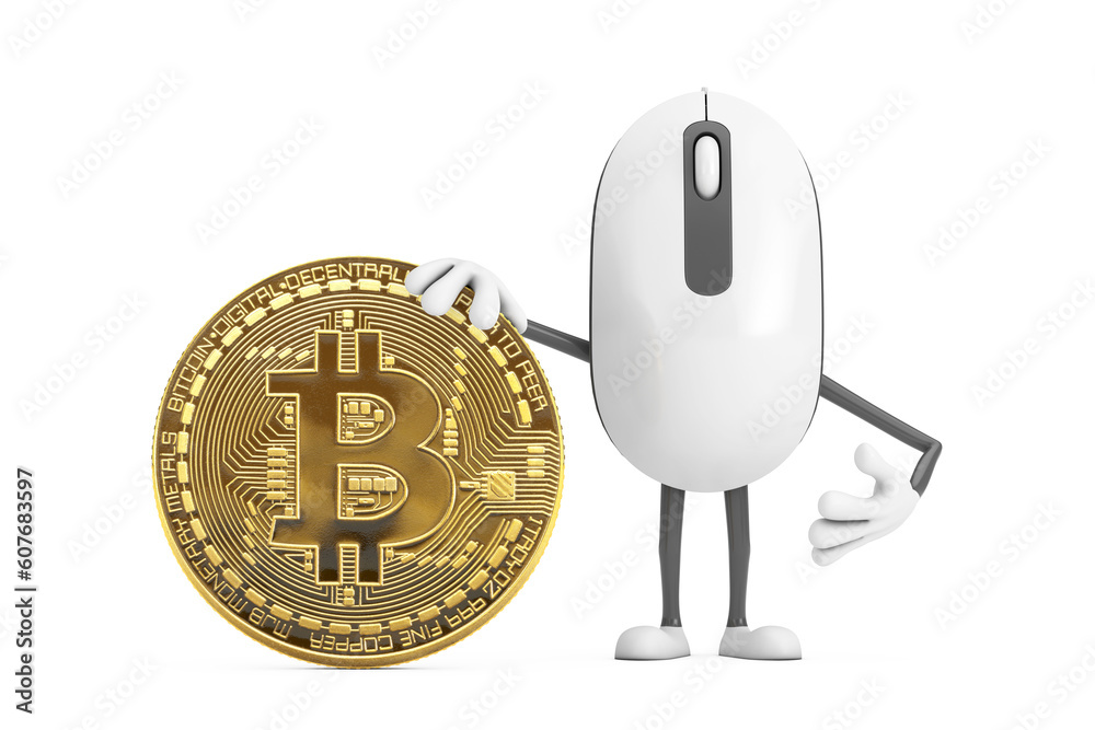 Aufkleber computer mouse cartoon person character mascot with cryptocurrency golden bitcoin coin . 3d renderin