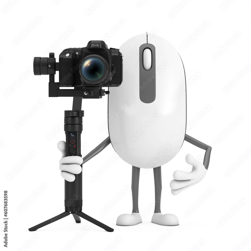 Poster computer mouse cartoon person character mascot with dslr or video camera gimbal stabilization tripod