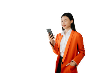 Portrait photo of young beautiful Asian woman feeling happy and holding smart phone, tablet and laptop with black empty screen on white background product presenting concept..