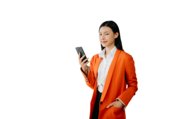 Portrait photo of young beautiful Asian woman feeling happy and holding smart phone, tablet and laptop with black empty screen on white background product presenting concept..