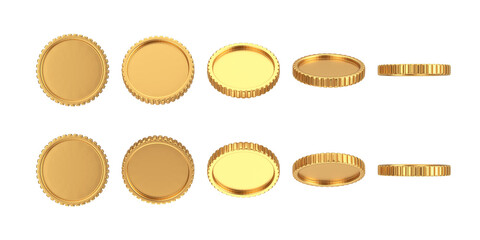 Abstract Cartoon Golden Blank Coin Web Icon Sign in Different Position. 3d Rendering