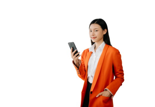 Portrait photo of young beautiful Asian woman feeling happy and holding smart phone, tablet and laptop with black empty screen on white background product presenting concept..