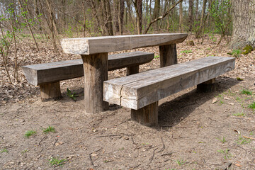 Old Wooden Tables and Benches for a BBQ Picnic