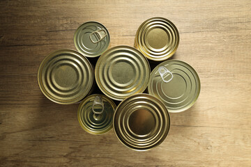 Canned food in blank metal jars, concept of canned food
