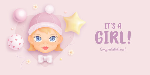 Baby shower horizontal banner, invitation or greeting card with cartoon girl and helium balloons on pink background. It's a girl. Vector illustration