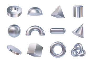 Geometric shapes set. 3d metal objects for design. Clipping path included