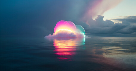 Sunset in a cloudy sky above a forest with trees on which is a neon frame in the shape of a circle. Beautiful abstract landscape. Illustration, Generative AI.