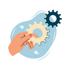 business miniature hand makes the setting, holds the gear. Vector illustration of a gesture with a hand, a character