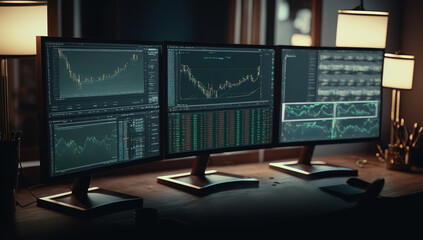 Three monitors on a desk showing trading charts, generative AI