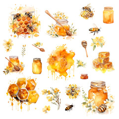 Honey product set, bees and honey, honey seamless pattern - obrazy, fototapety, plakaty