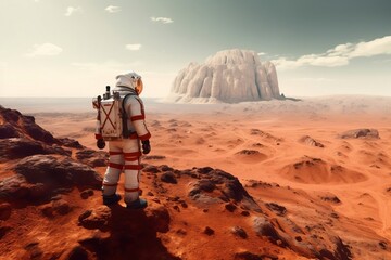 Mars Exploration: Astronaut in Red Planet Landscape with Desert and Mountains. AI