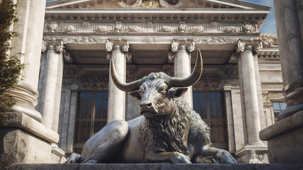 Statue of a bull laying in front of an institutional building, bullish market trading concept, generative AI image