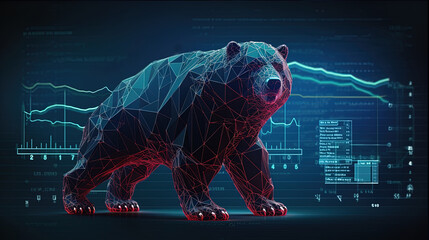 A bearstanding in a modern vibrant digital studio with background of trading charts, lights and glowing elements, generative AI
