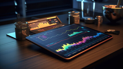 Tablet on a desk with vibrant trading charts, cinematic lighting, generative AI