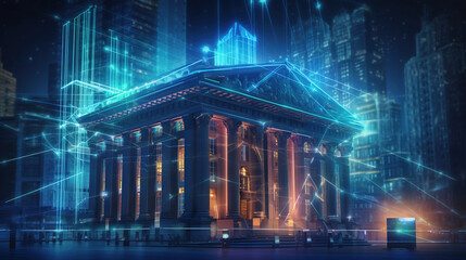 A bank building with digital glowing lines and hologram effects around it, big banks trading concept generative AI