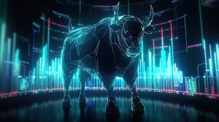 A bull standing in a modern vibrant digital studio with background of trading charts, lights and glowing elements, generative AI