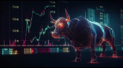 A bull standing in a modern vibrant studio with digital background of trading charts, lights and glowing elements, generative AI