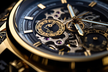 Highly detailed closeup view of modern and elegant wrist watch with water droplets
