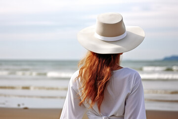 Fototapeta na wymiar Portrait of a young woman with a hat at the beach. Natural light, horizontal image. Generative AI