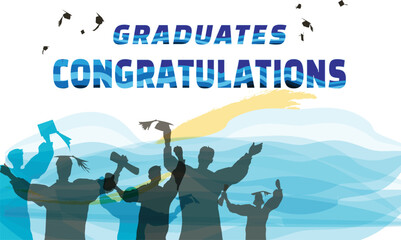 Graduate silhouettes celebrating graduation with congratulations typography.