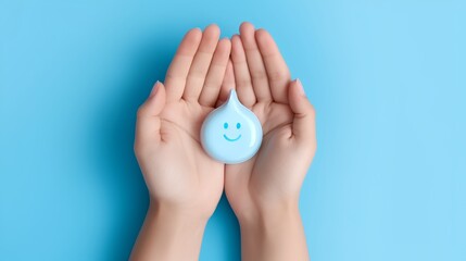 The concept of water conservation, importance of preserving this vital resource. Promoting responsible use and sustainability. Hands holding smiling water droplet symbol. Generative AI