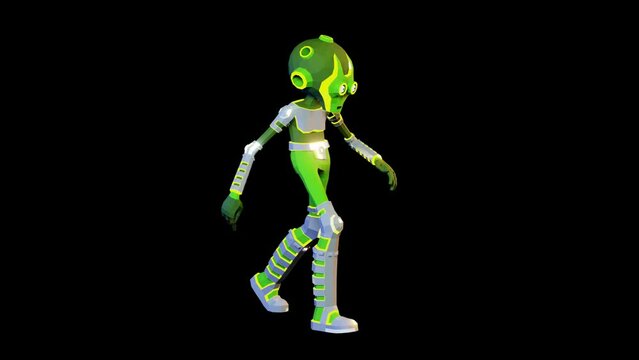 3D green alien walking. Humanoid alien stylized in low-poly. Looping animation with alpha channel.