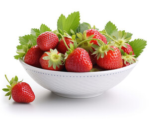 Bowl with strawberries and green leaves on a white background