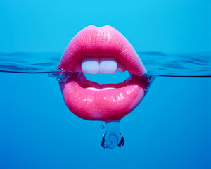 Juicy, full lips of a young girl with pastel pink lipstick. Water blue background. Illustration, Generative AI.