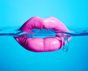Juicy, full lips of a young girl with pastel pink lipstick. Water blue background. Illustration, Generative AI.