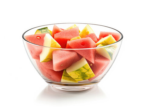 Glass bowl with red and yellow watermelon slices on a white background